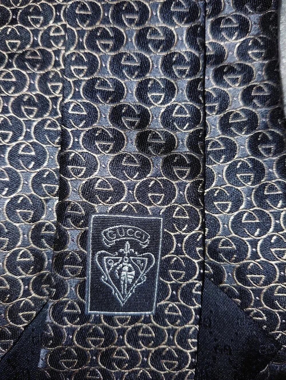 Vintage Gucci Interlocking G Chain Silk Tie Black Gold Monogram Made in Italy CC